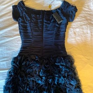 Tadashi Shoji short sleeved full length blue formal dress.